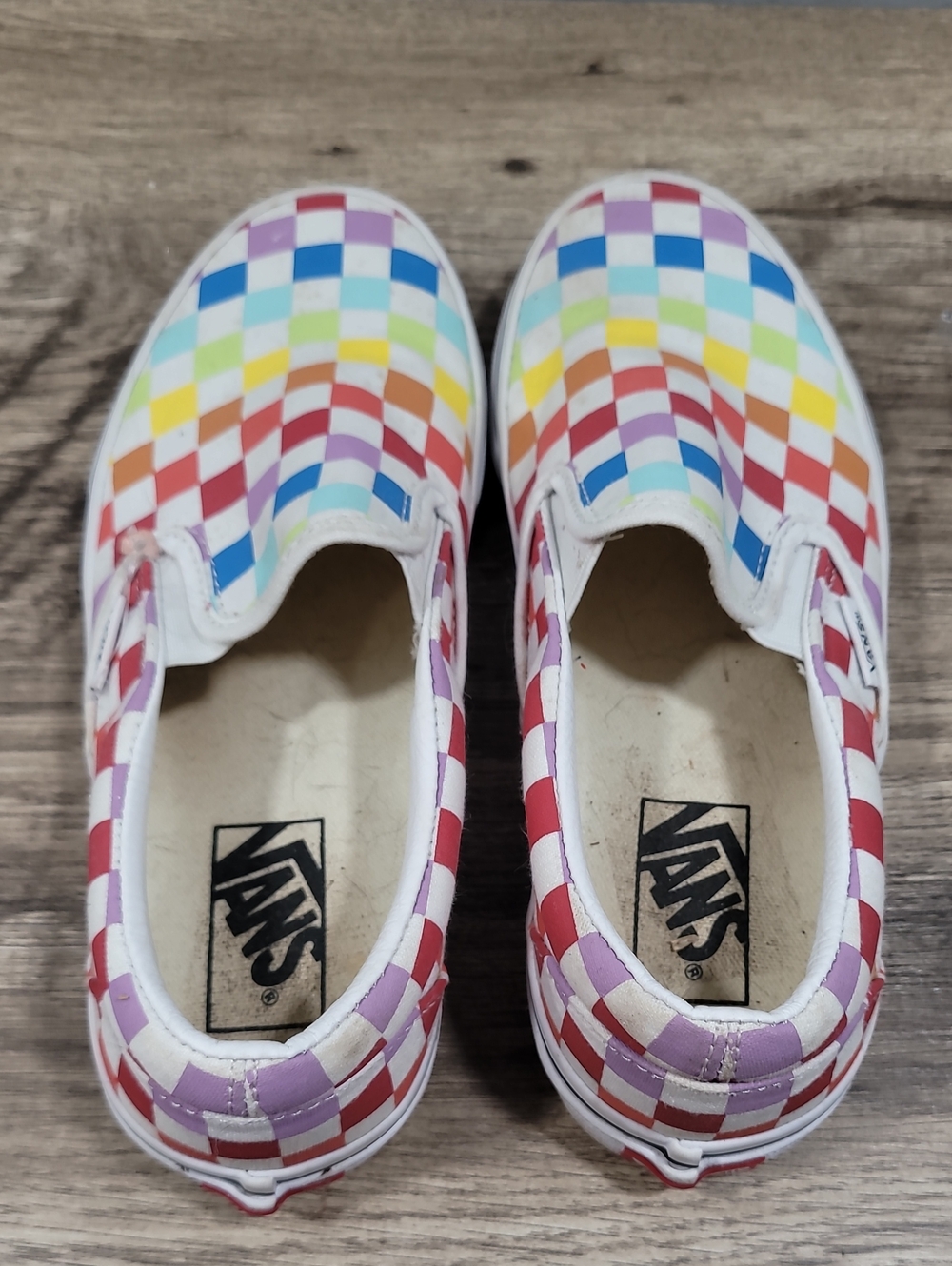 Vans Womans Rainbow Slip-On Sneakers with Rainbow Checkerboard
